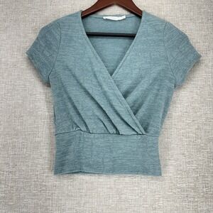 Lush Shirt Womens XS Green Wrap Surplice V Neck Cropped Textured Knit Top